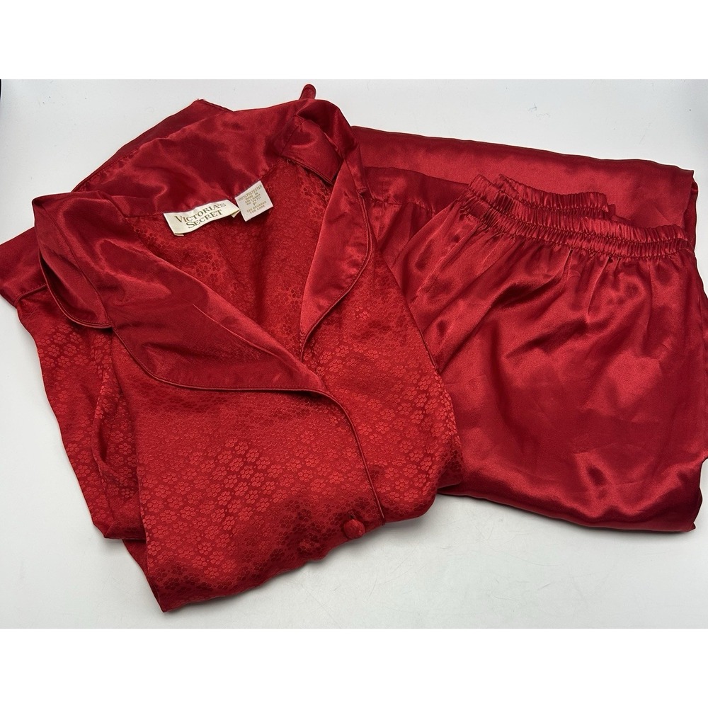 Vintage Victorias Secret Gold Label Satin Red Pajama Set Small P 2pc Holiday